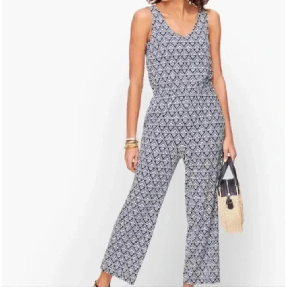 Talbots Lined Blue White Twisted‎ Back Stretchy Jumpsuit Size 3XP 1H